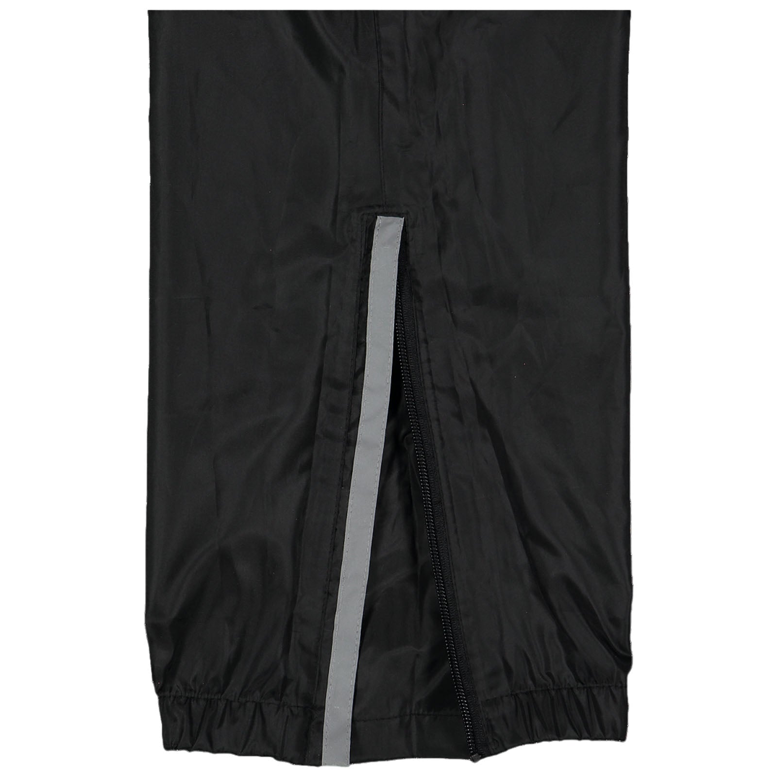 A pair of black windbreaker pants is displayed with a zipper running along the side and a reflective strip next to it the fabric appears lightweight suitable for outdoor activities