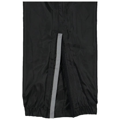 A pair of black windbreaker pants is displayed with a zipper running along the side and a reflective strip next to it the fabric appears lightweight suitable for outdoor activities