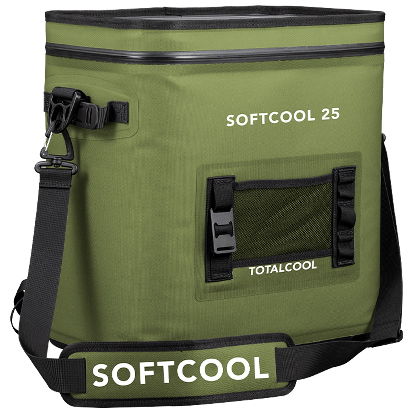 A green soft-sided cooler bag stands upright with a zippered top and carrying strap while displaying branding text including SOFTCOOL 25 and TOTALCOOL on its exterior