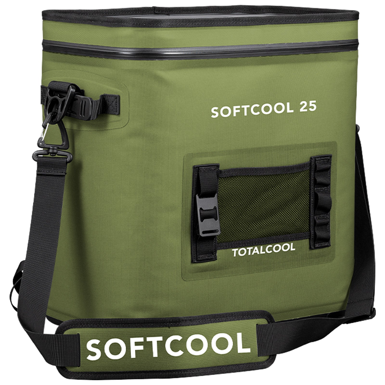 A green soft-sided cooler bag stands upright with a zippered top and carrying strap while displaying branding text including SOFTCOOL 25 and TOTALCOOL on its exterior