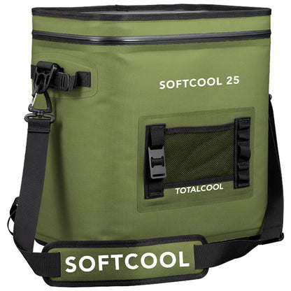 A green soft-sided cooler bag stands upright with a zippered top and carrying strap while displaying branding text including SOFTCOOL 25 and TOTALCOOL on its exterior