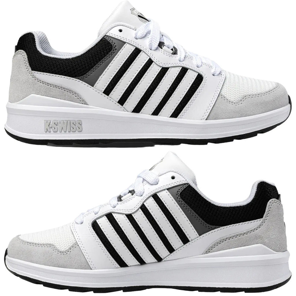 White athletic shoes feature black and gray accents with a mesh material and suede details. They are positioned to highlight both sides for a detailed view of the design.