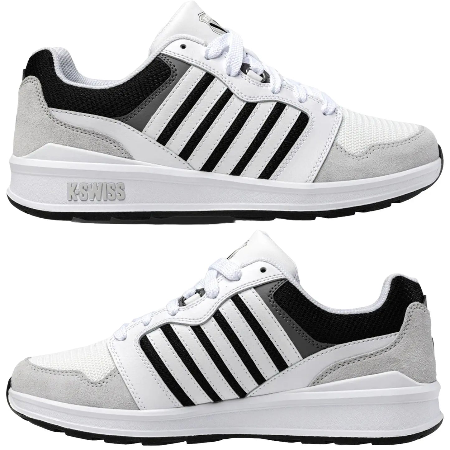 White athletic shoes feature black and gray accents with a mesh material and suede details. They are positioned to highlight both sides for a detailed view of the design.