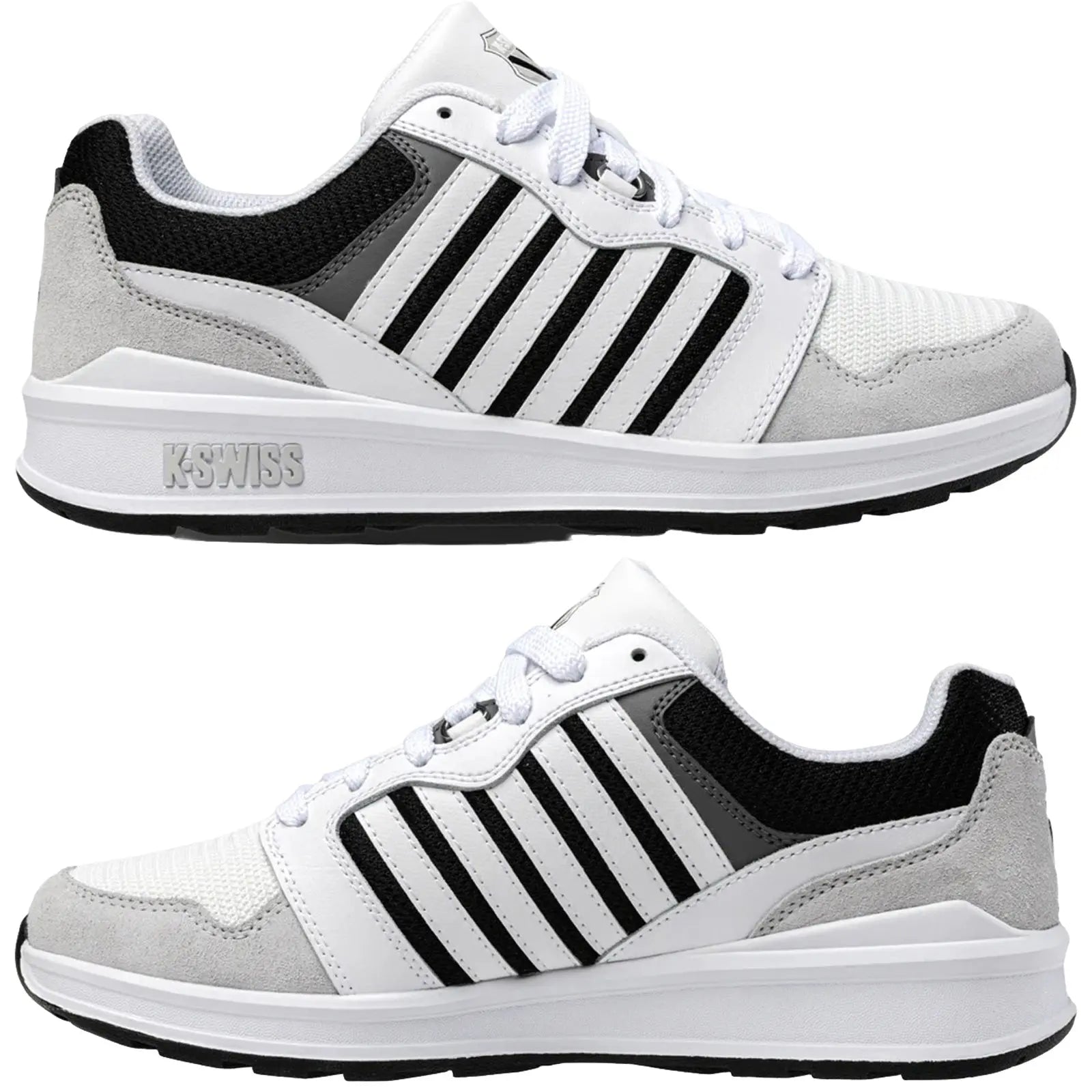 White athletic shoes feature black and gray accents with a mesh material and suede details. They are positioned to highlight both sides for a detailed view of the design.