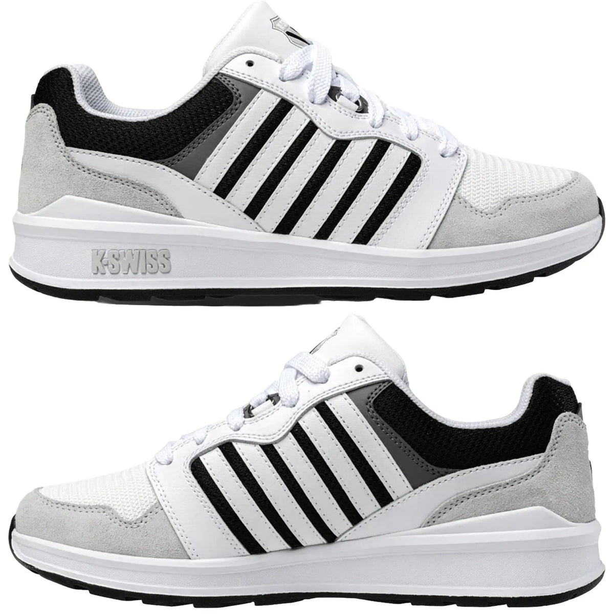 White athletic shoes feature black and gray accents with a mesh material and suede details. They are positioned to highlight both sides for a detailed view of the design.