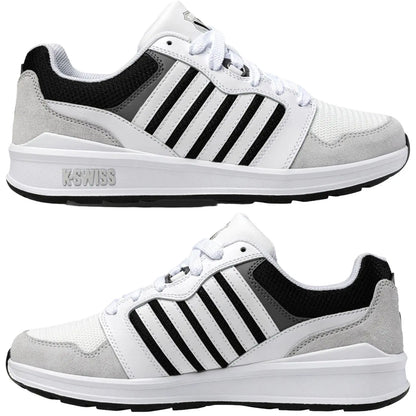 White athletic shoes feature black and gray accents with a mesh material and suede details. They are positioned to highlight both sides for a detailed view of the design.
