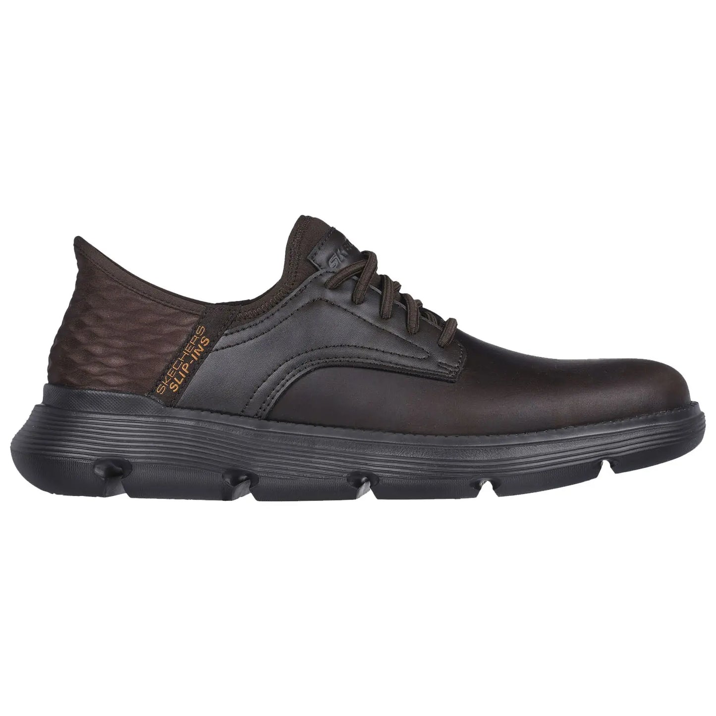 A dark brown shoe with a smooth leather upper and a textured rear features round laces and a thick black rubber sole designed for comfort and style suitable for casual wear.