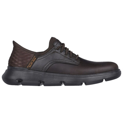 A dark brown shoe with a smooth leather upper and a textured rear features round laces and a thick black rubber sole designed for comfort and style suitable for casual wear.