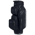 A golf bag is standing upright featuring multiple compartments and zippers designed for holding golf clubs and accessories it has a sleek black exterior with branded logos and technology labels