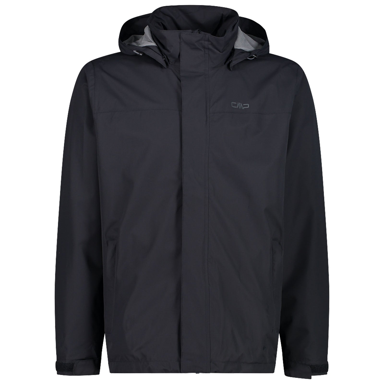 A black rain jacket hangs upright showcasing a high collar and a front zipper it serves as protective outerwear suitable for wet outdoor conditions with a simple and functional design
