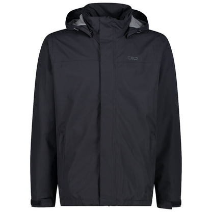 A black rain jacket hangs upright showcasing a high collar and a front zipper it serves as protective outerwear suitable for wet outdoor conditions with a simple and functional design