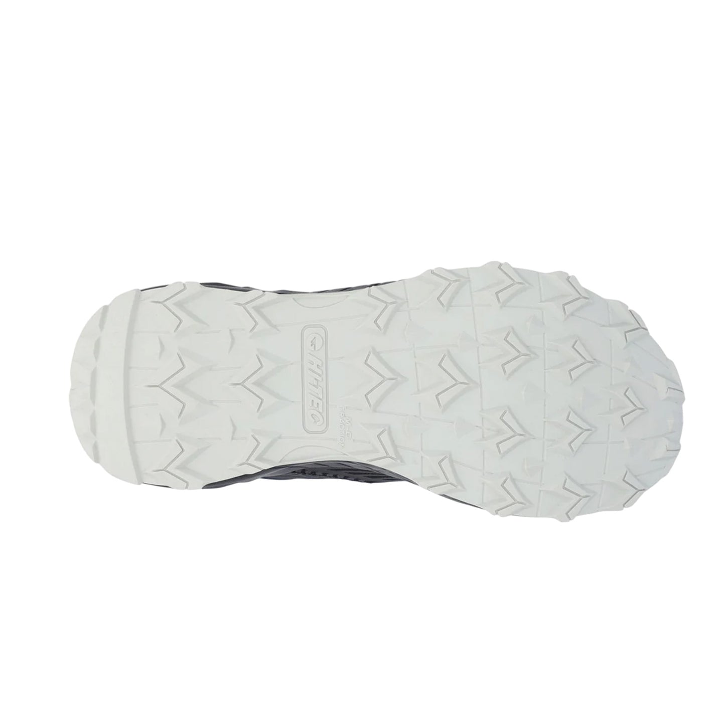 A black shoe sole with a white tread pattern is displayed the textured surface is designed for traction suitable for outdoor activities and sports usage