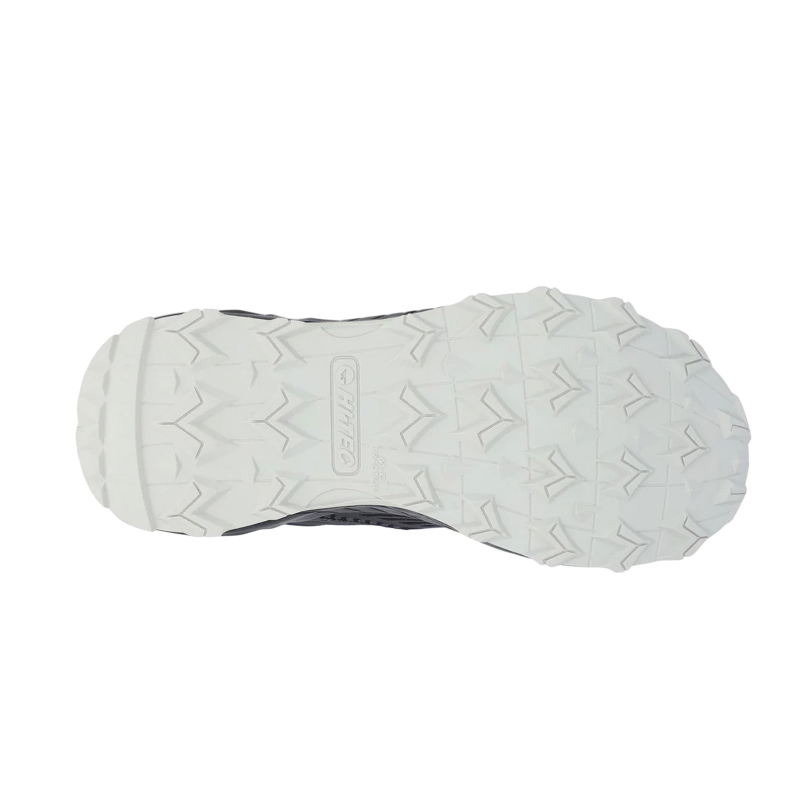 A black shoe sole with a white tread pattern is displayed the textured surface is designed for traction suitable for outdoor activities and sports usage