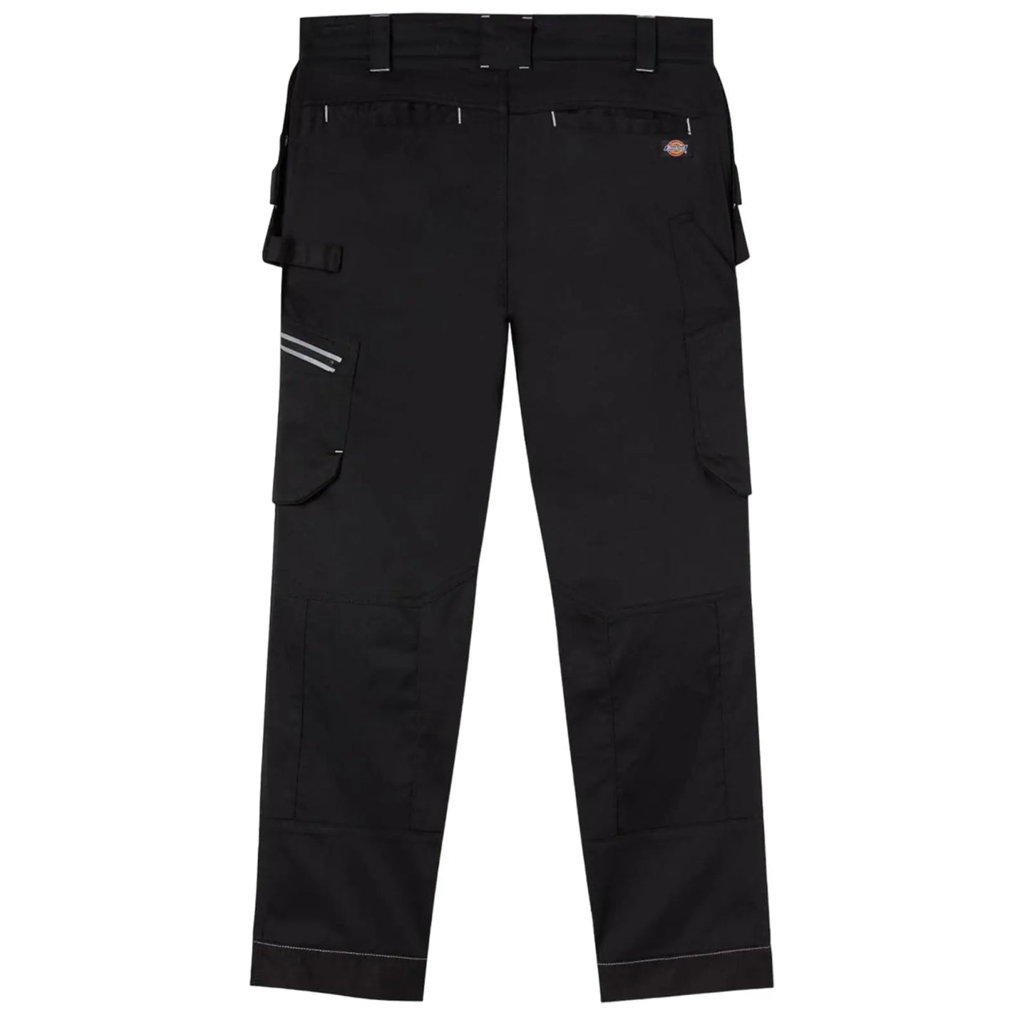 Black cargo pants are displayed standing upright showing multiple pockets and reinforced knees designed for durability and practical use suitable for work or outdoor activities.