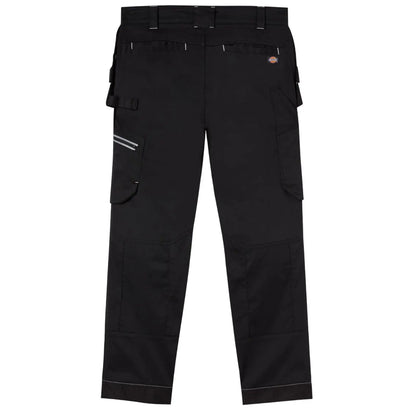Black cargo pants are displayed standing upright showing multiple pockets and reinforced knees designed for durability and practical use suitable for work or outdoor activities.