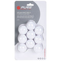 Nine white golf balls are arranged in a clear plastic package promoting improved golf swings emphasizing increased distance in both English and French on a plain background.