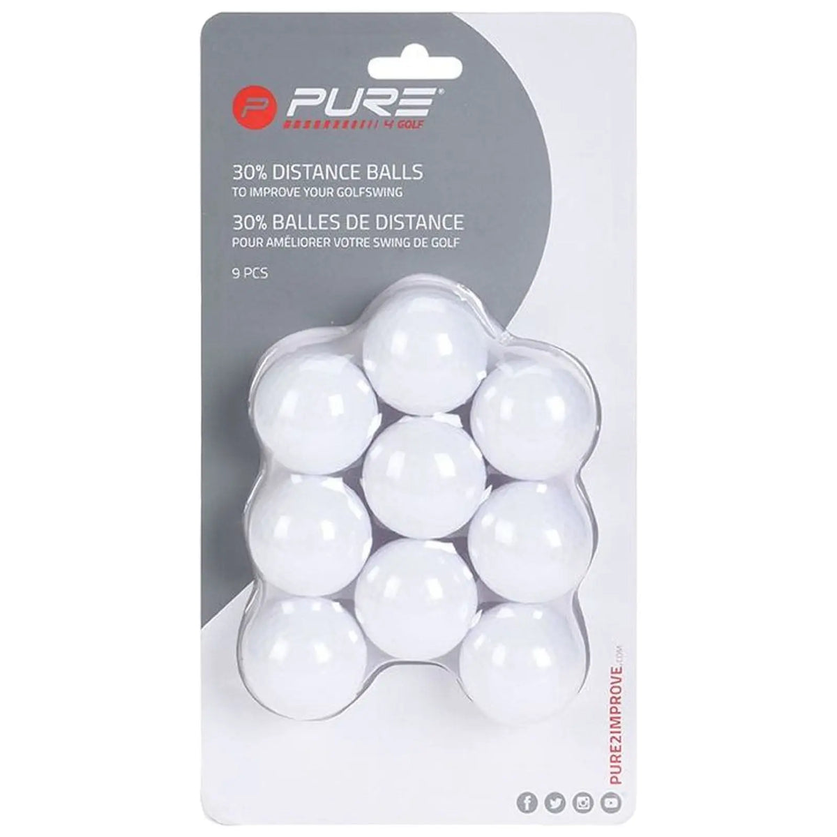 Nine white golf balls are arranged in a clear plastic package promoting improved golf swings emphasizing increased distance in both English and French on a plain background.