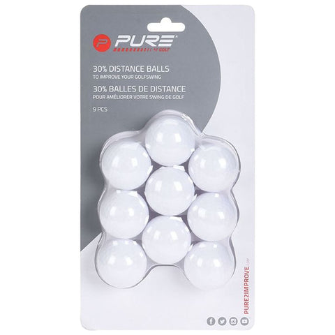 Nine white golf balls are arranged in a clear plastic package promoting improved golf swings emphasizing increased distance in both English and French on a plain background.