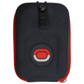 A black and red zippered case is displayed with a circular logo in the center featuring concentric shapes in red and gray showing a durable and compact design.