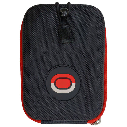 A black and red zippered case is displayed with a circular logo in the center featuring concentric shapes in red and gray showing a durable and compact design.