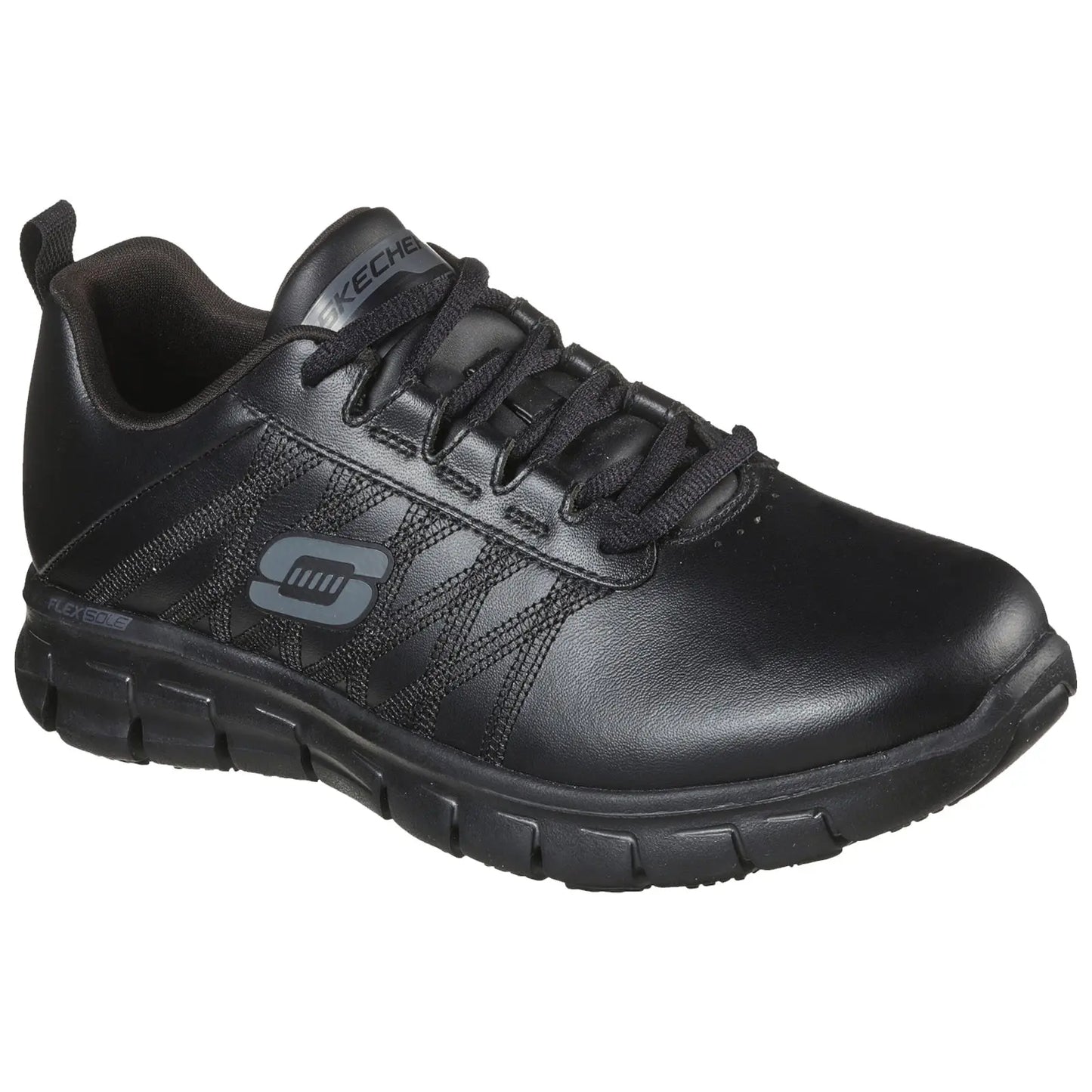 Black athletic shoe with a textured surface laces and logo is positioned against a plain background showcasing its sleek design and flexible sole suitable for active use.