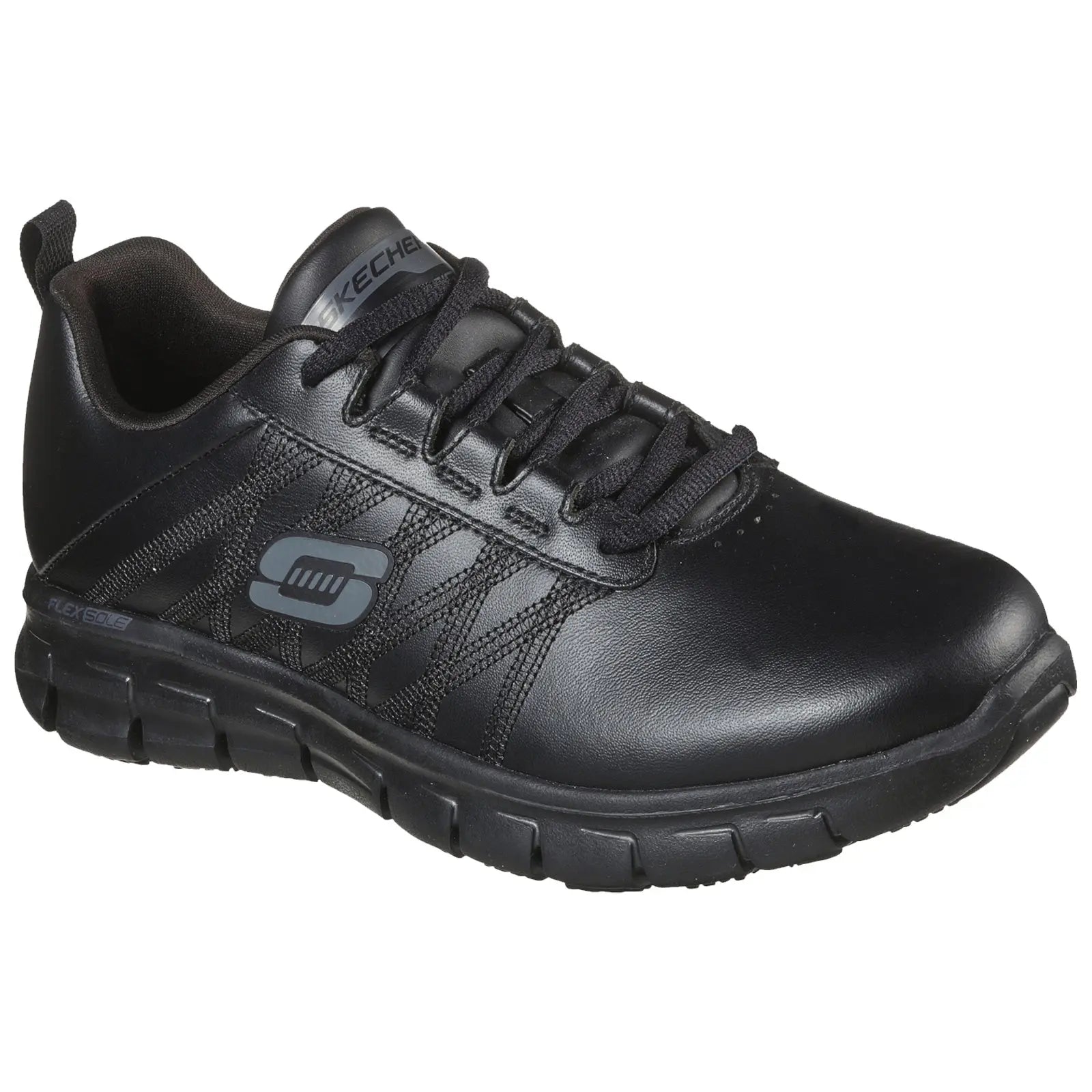 Black athletic shoe with a textured surface laces and logo is positioned against a plain background showcasing its sleek design and flexible sole suitable for active use.