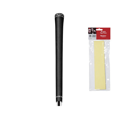 A black golf club grip is displayed upright alongside a pack of yellow re-grip tape, intended for improving grip on golf clubs, set against a plain white background.