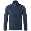 A navy blue fleece pullover features a high collar with buttons and zippered pockets on the sides, designed for warmth and comfort in casual or outdoor settings.