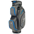 A golf bag stands upright featuring multiple zipped pockets in gray with blue accents. The bag displays branding and is designed for carrying golf clubs and accessories on the course.