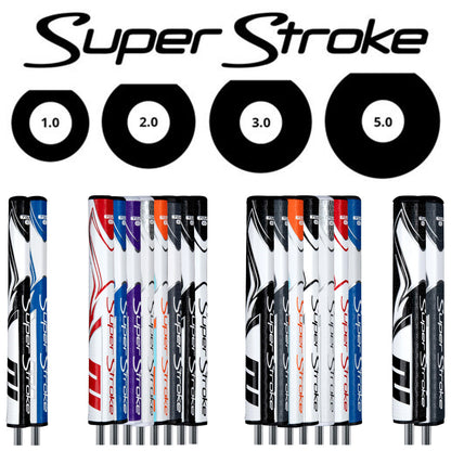 Multiple golf club grips are displayed vertically in various colors and designs with the brand name Super Stroke visible each grip is labeled with numbers indicating different sizes ranging from 1.0 to 5.0
