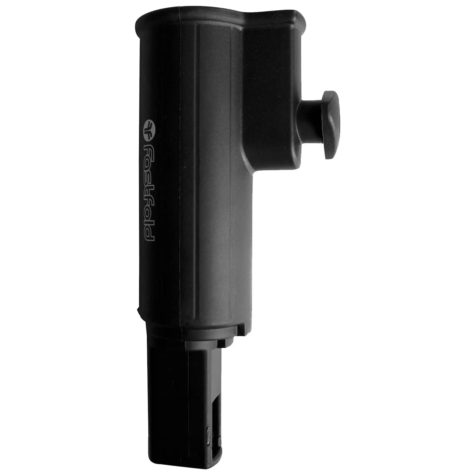 A black plastic tool with a handle and a cylindrical end is positioned vertically featuring a button for adjustment designed for a specific fastening or locking function.