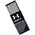 A black and white golf towel is displayed featuring a checkered pattern at the top and an Under Armour logo with the word GOLF at the center, suitable for cleaning golf equipment.