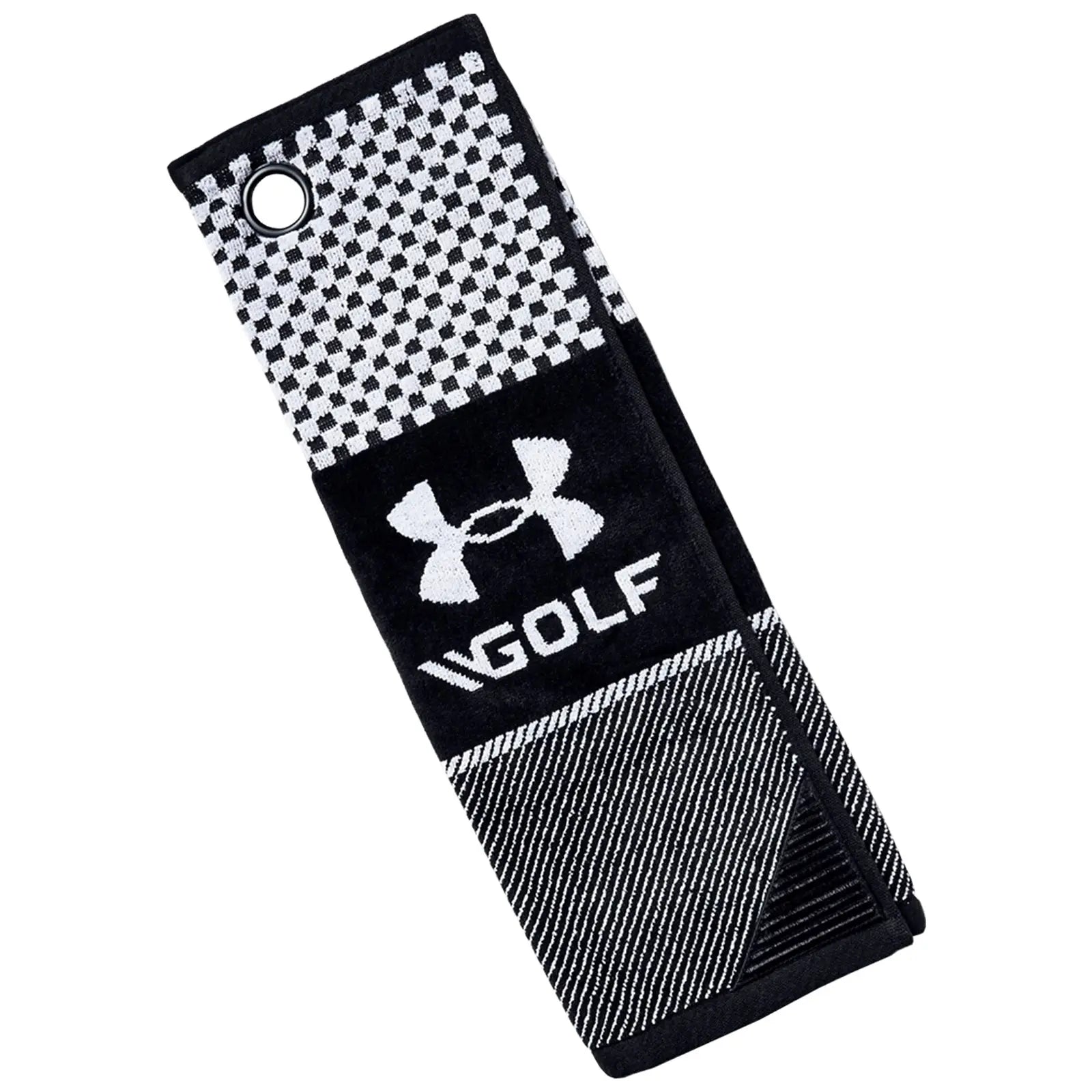 A black and white golf towel is displayed featuring a checkered pattern at the top and an Under Armour logo with the word GOLF at the center, suitable for cleaning golf equipment.