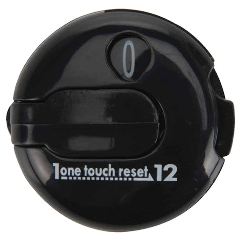 A black circular dial features a large reset button on one side and a display showing the number zero with the text one touch reset and the number twelve below in a contrasting color.