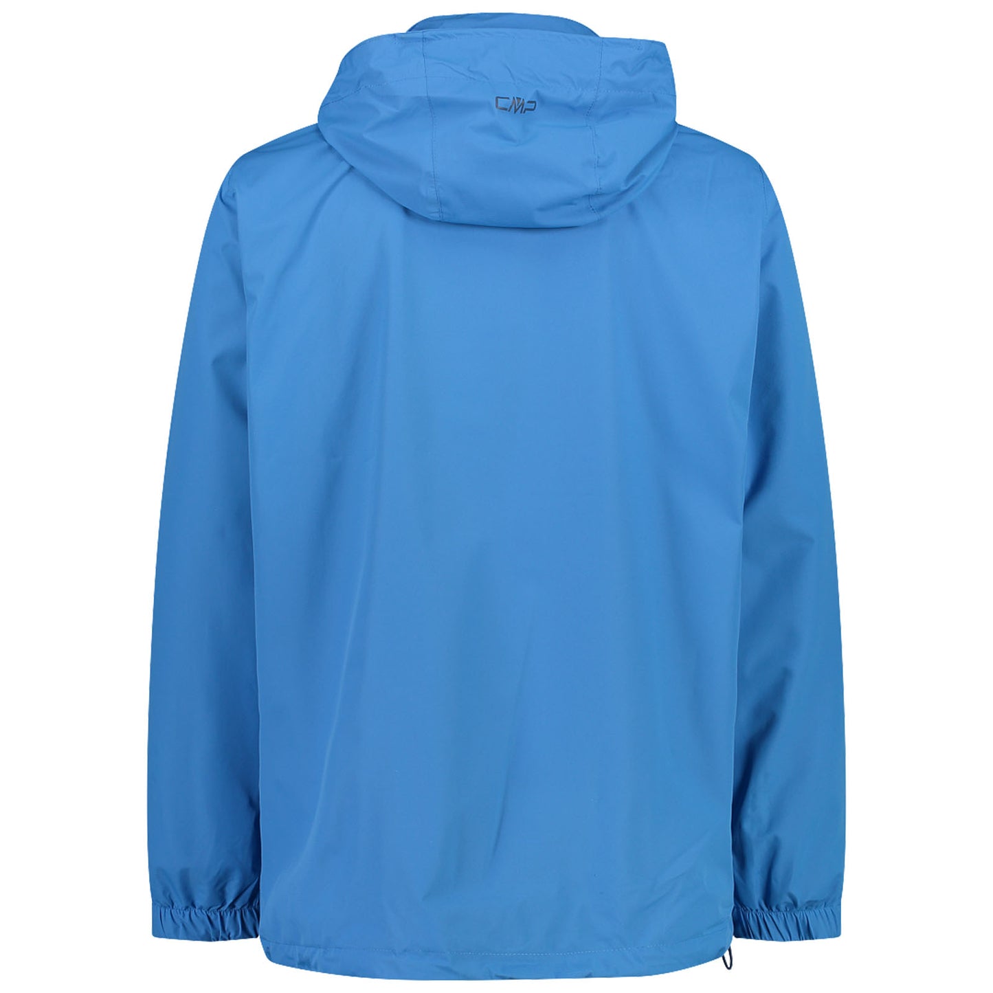A blue jacket with a hood is displayed from the back resting on a neutral background showcasing its smooth fabric and elastic cuffs designed for outdoor wear.
