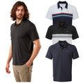 A man with curly hair stands wearing a black striped polo shirt with his hand in his pocket. Three additional polo shirts in various colors and designs are displayed nearby.
