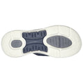 A sneaker sole features textured rubber for grip and cushioning The sole is predominantly white with dark blue elements showing wear patterns and is placed against a plain background