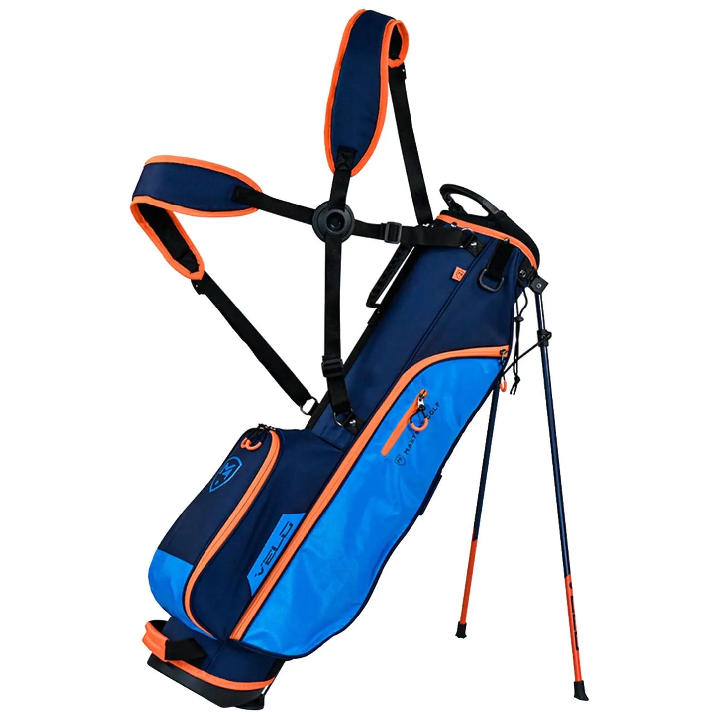 A blue and navy golf bag stands upright with two adjustable shoulder straps attached. It is designed for carrying golf clubs and is set against a plain white background.