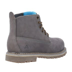 A gray hiking boot with a blue cuff features metal eyelets laced with brown cords standing upright showcasing a rugged sole and a logo on the side against a white background.