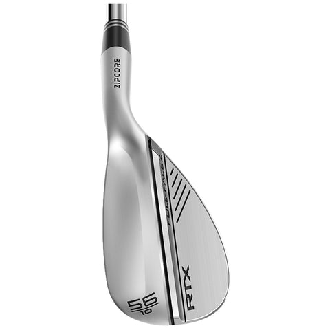 A golf wedge is displayed angled slightly. The clubface is shiny with markings indicating model details and specifications. The background is plain, emphasizing the club's design and features.