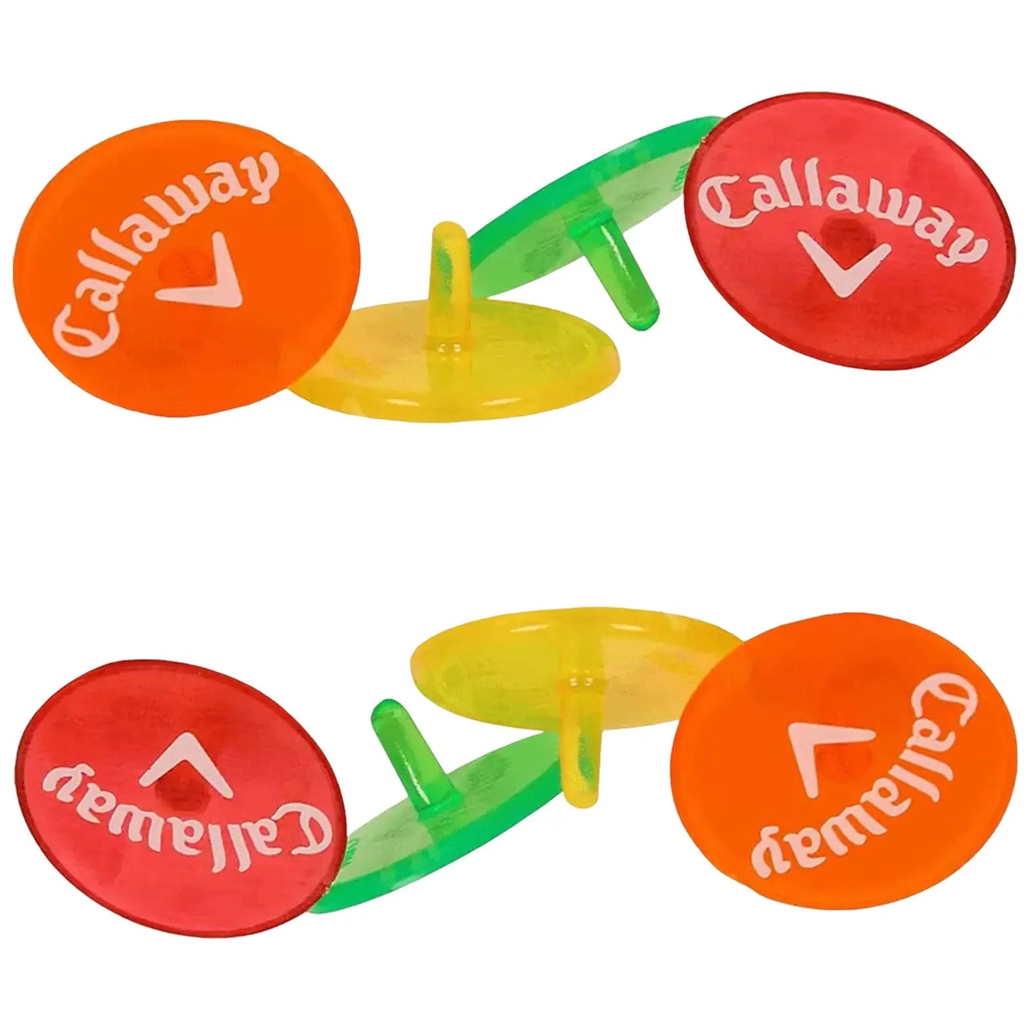Colorful golf markers are arranged in pairs with visible branding. They are placed upright on a flat surface, suggesting use during a game or practice session.