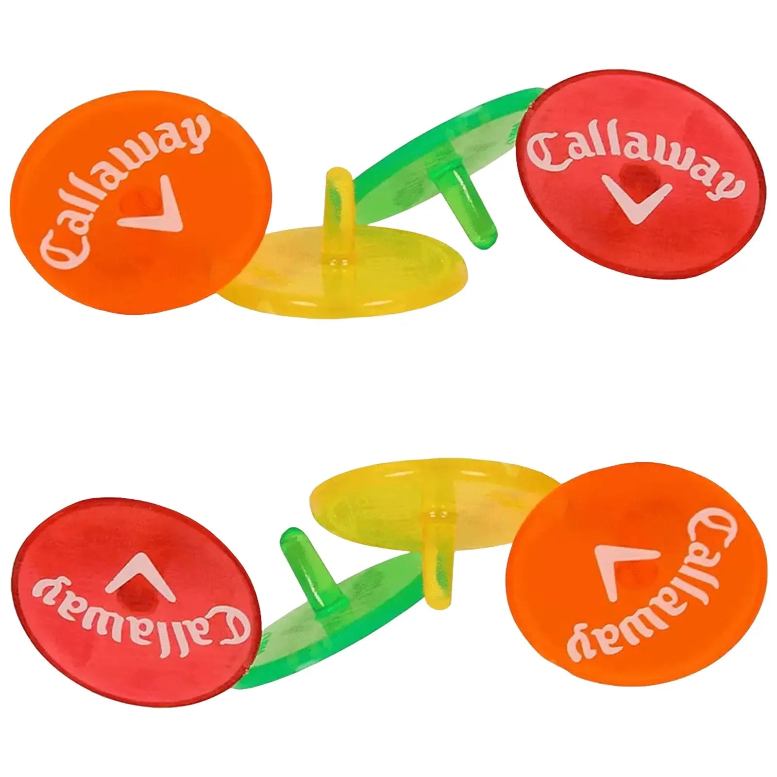 Colorful golf markers are arranged in pairs with visible branding. They are placed upright on a flat surface, suggesting use during a game or practice session.
