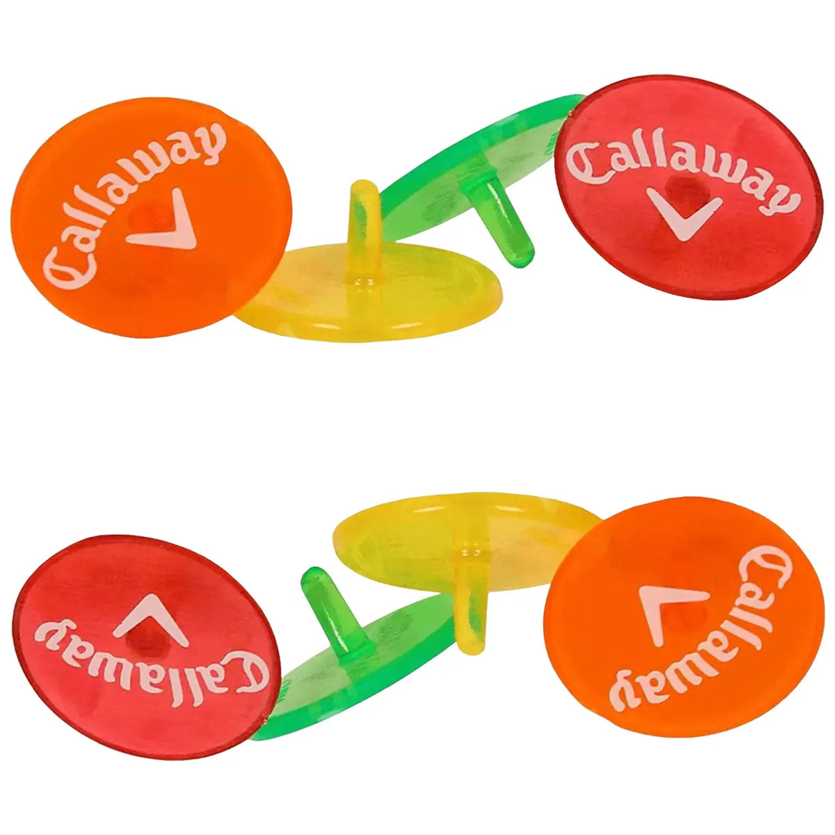 Colorful golf markers are arranged in pairs with visible branding. They are placed upright on a flat surface, suggesting use during a game or practice session.