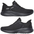 Black slip-on shoes featuring a mesh upper with padded collar and elastic laces for a snug fit positioned against a neutral background suitable for showcasing the shoe design.