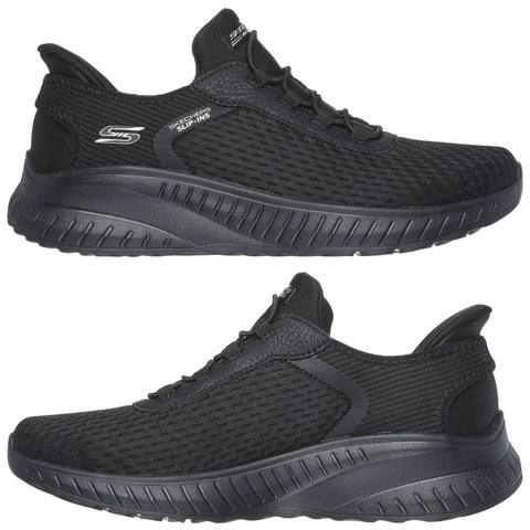 Black slip-on shoes featuring a mesh upper with padded collar and elastic laces for a snug fit positioned against a neutral background suitable for showcasing the shoe design.