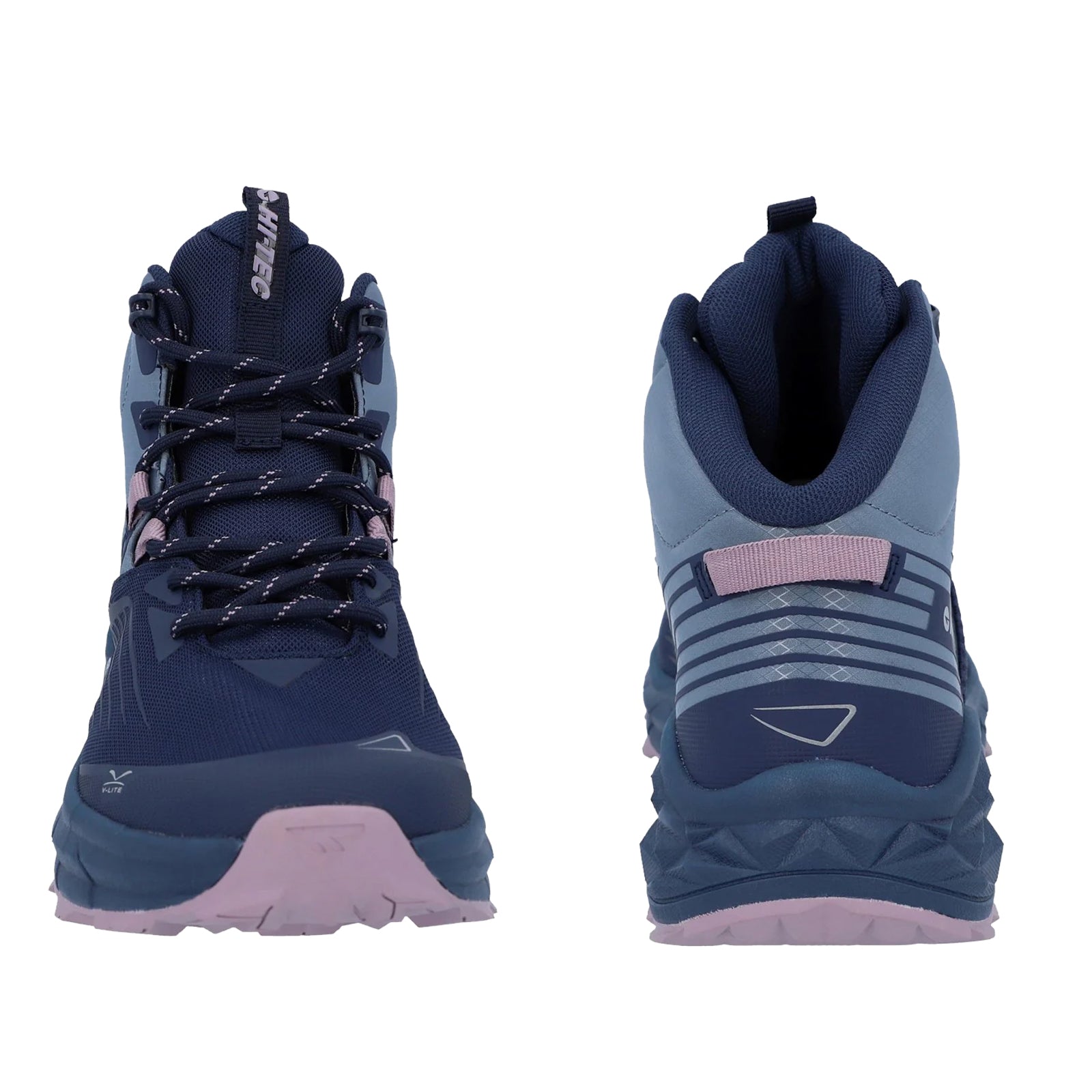 A pair of hiking shoes stands upright facing forward and backward showcasing a navy blue upper with pink accents and a textured sole designed for traction in outdoor environments.