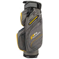 A gray golf bag stands upright featuring zippered pockets and yellow accents displaying branding. It holds golf clubs and accessories while being designed for ease of transport on the golf course.