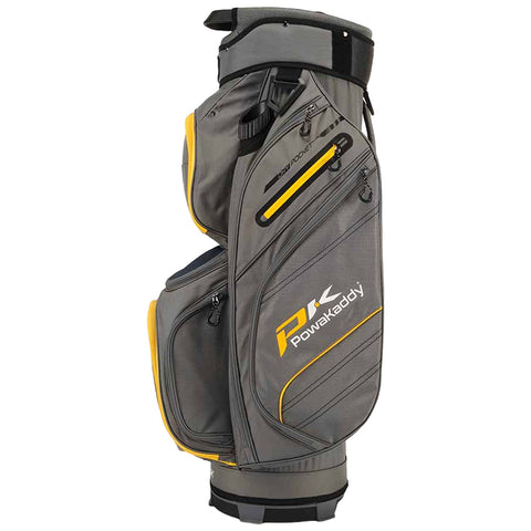A gray golf bag stands upright featuring zippered pockets and yellow accents displaying branding. It holds golf clubs and accessories while being designed for ease of transport on the golf course.