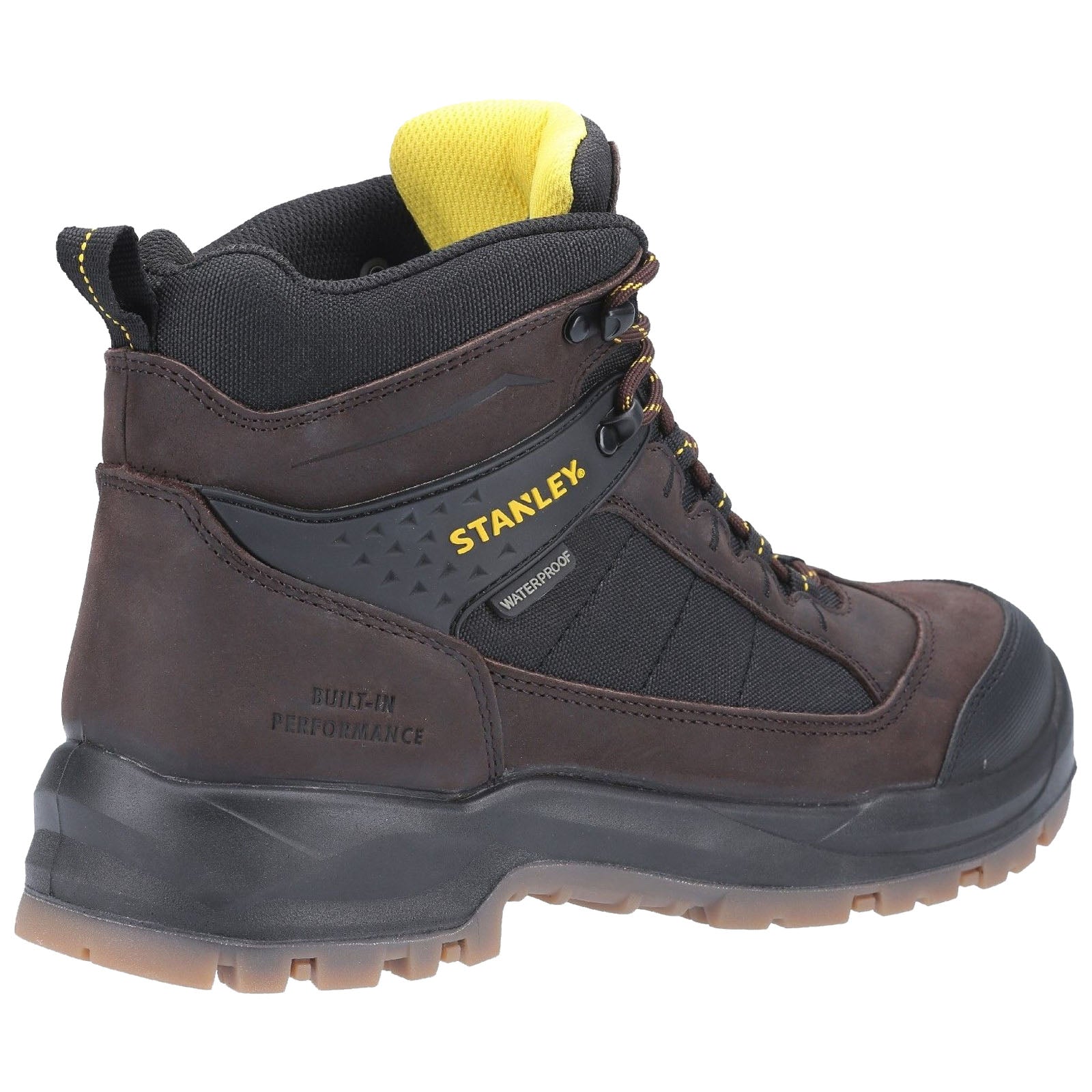 Brown waterproof hiking boot with black mesh detailing stands upright showing lacing and padded collar in a neutral setting designed for durability and performance in outdoor environments