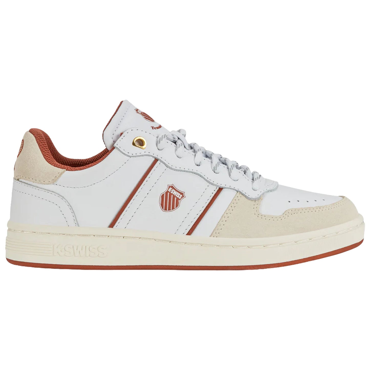 A white sneaker with a retro design features red and beige accents along with a logo on the side. The shoe is positioned on a neutral background.